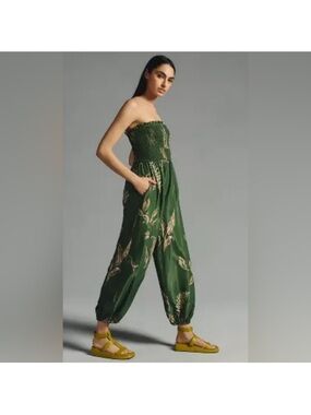 Anthropologie Green Botanical Smocked Harem Jumpsuit